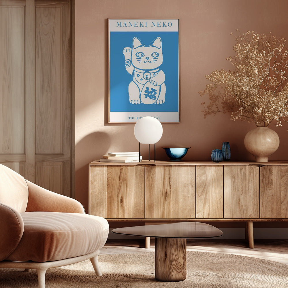 Maneki-neko Cat Blue Poster