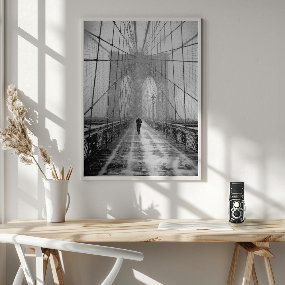 New York Walker in Blizzard - Brooklyn Bridge Poster