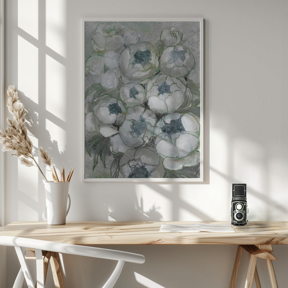 Nuria bouquet of peonies in teal and green Poster