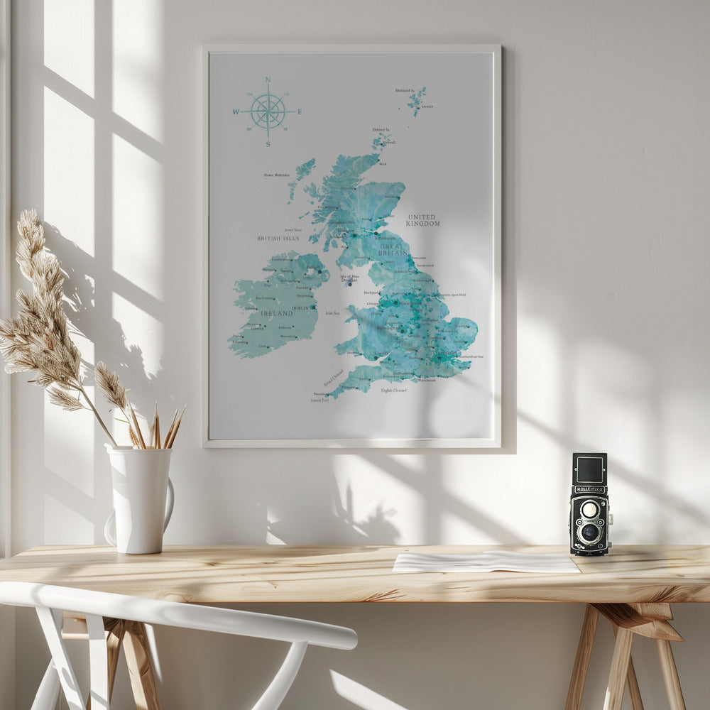 Aquamarine watercolor map of the United Kingdom Poster