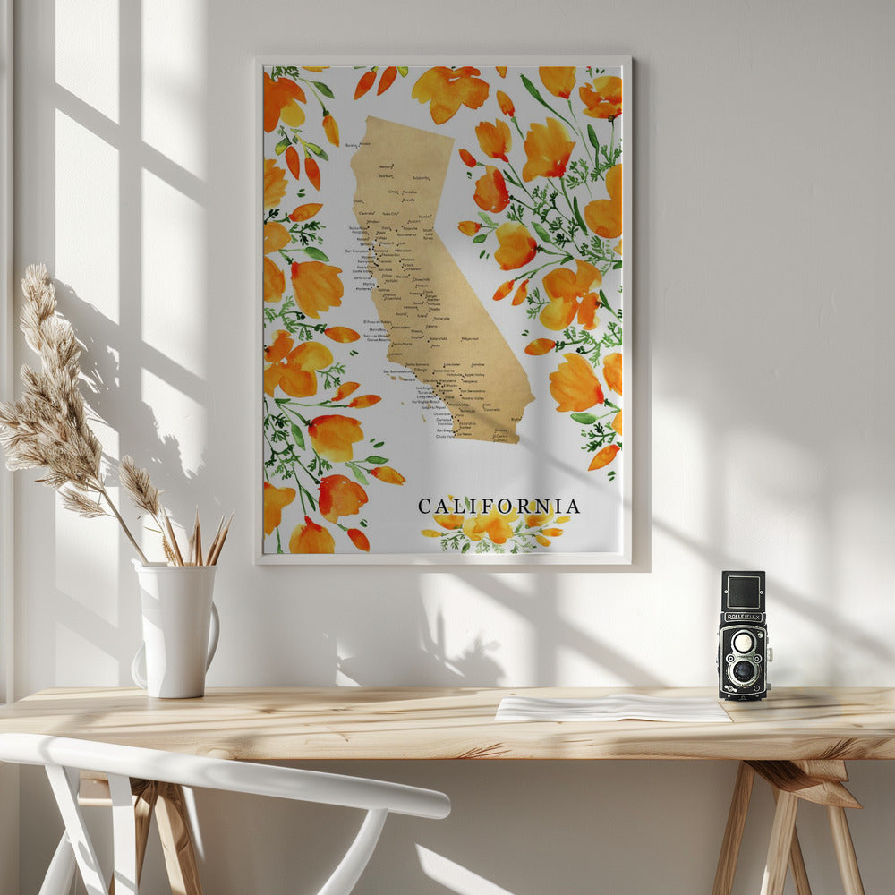 California map with watercolor poppies Poster