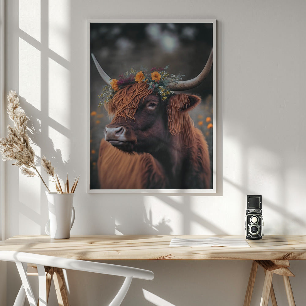 Highland Cow With Flowers Poster