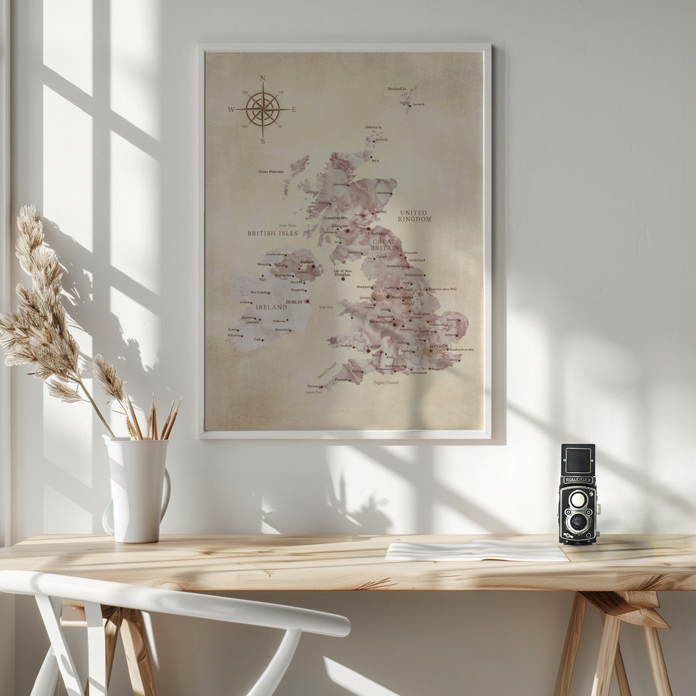 Sepia map of the United Kingdom Poster