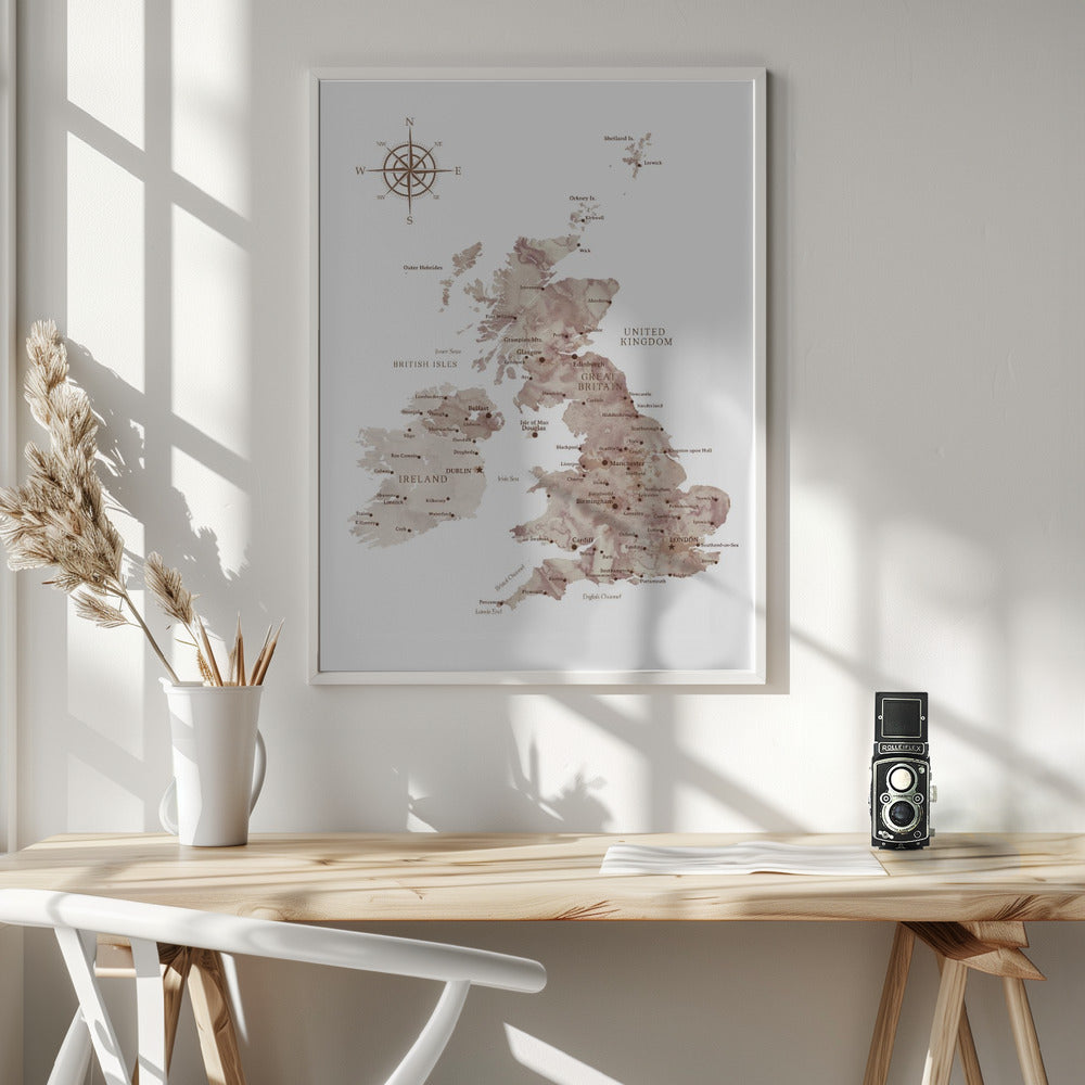 Taupe map of the United Kingdom Poster