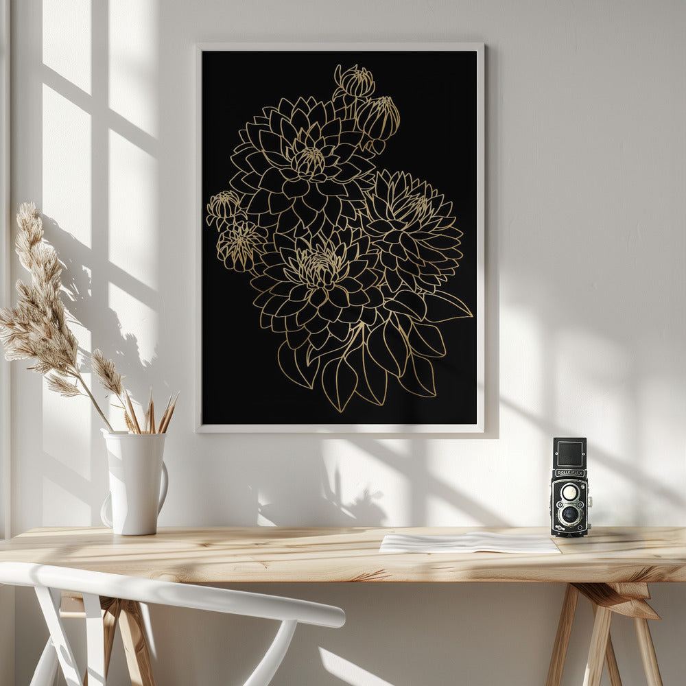 Pacey dahlias bouquet in gold and black Poster