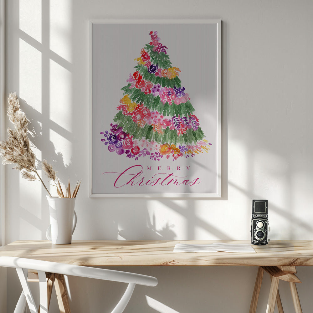 Floral watercolor merry Christmas tree Poster