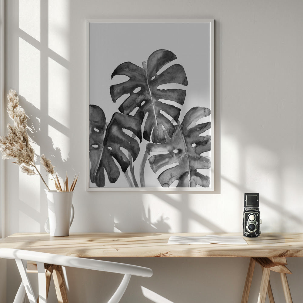 Monstera Leaves In Loose Watercolor Black and White Poster