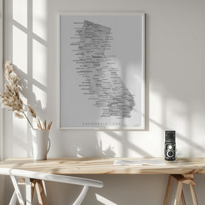 Grayscale watercolor map of California with cities Poster