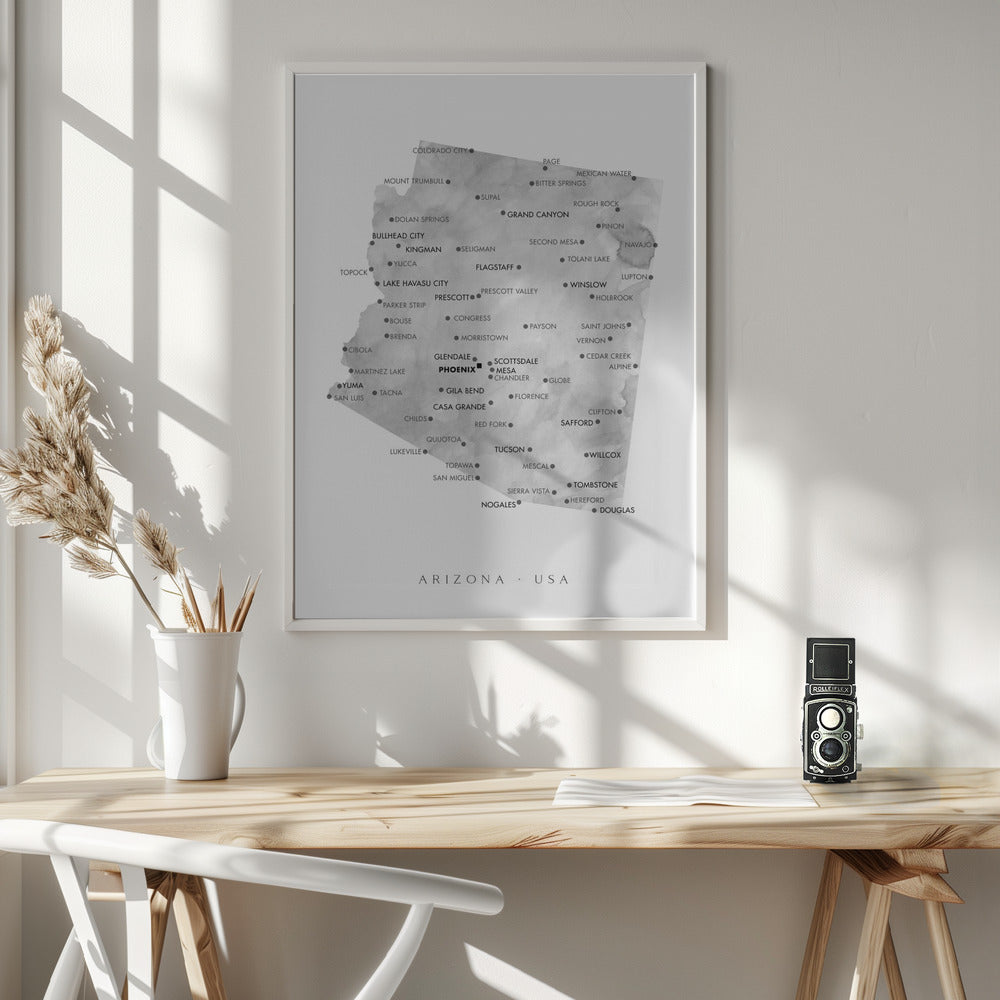 Grayscale watercolor map of Arizona, USA Poster