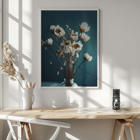 White Flowers On Turquoise Background Poster