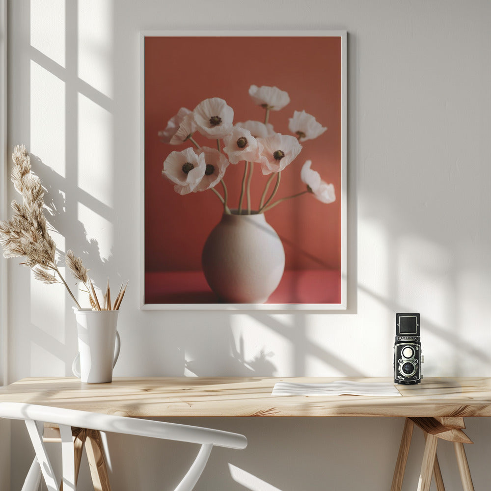 White Poppy On Orange Background Poster