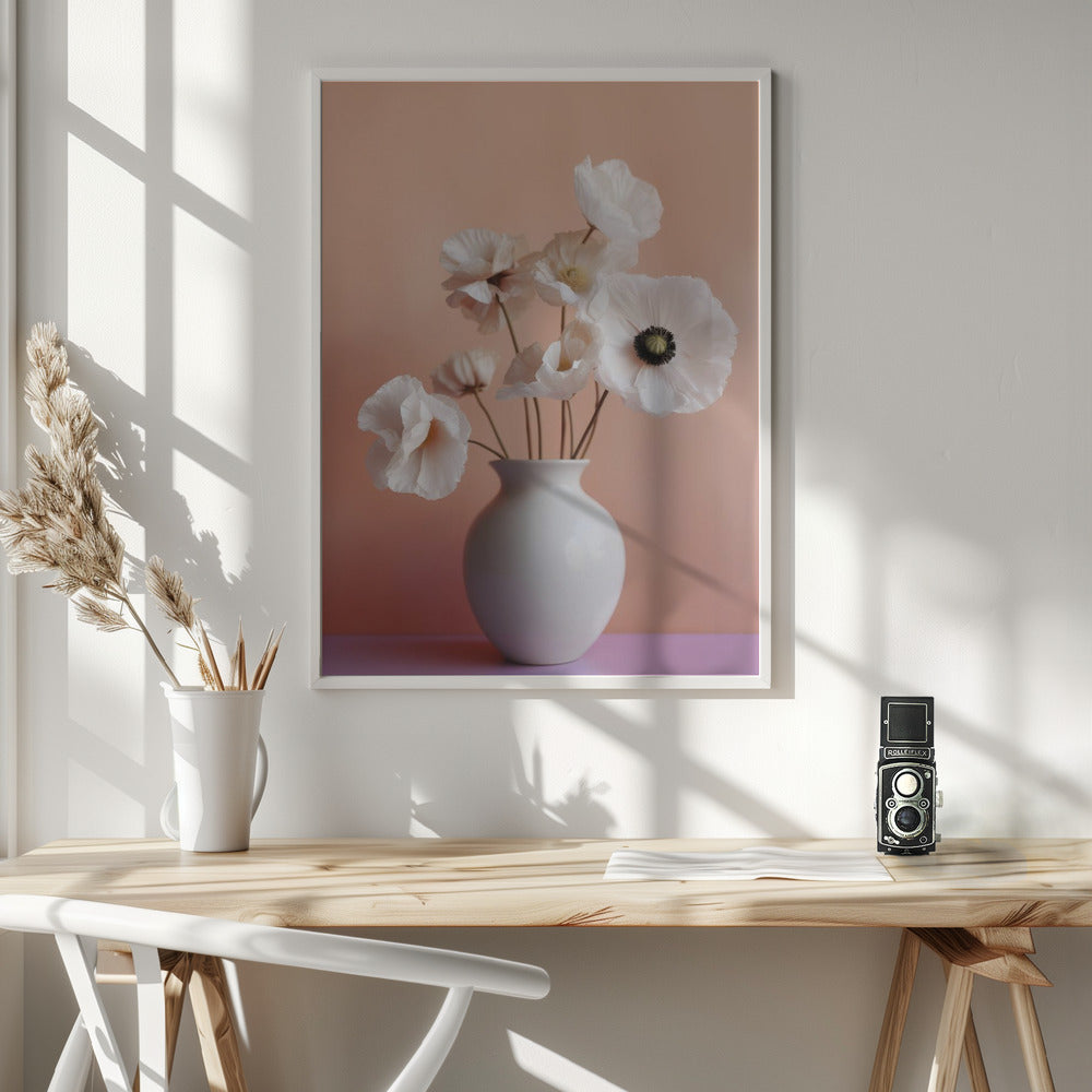 White Poppy In White Vase Poster