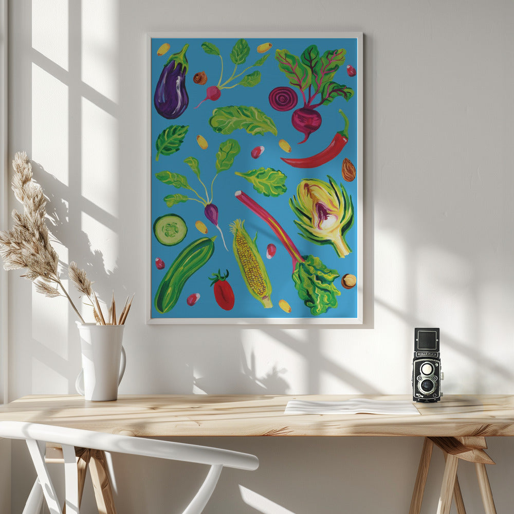 Spring Vegetables Blue Poster