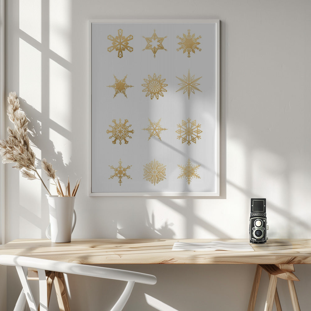 Twelve geometric snowflakes in gold Poster