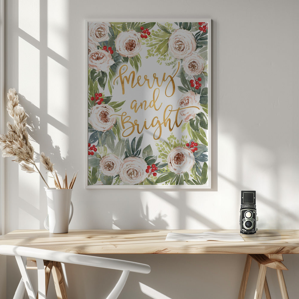 Merry and bright holiday roses and berries Poster