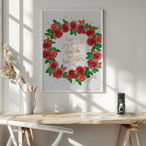 Holiday wishes wreath of red English roses Poster