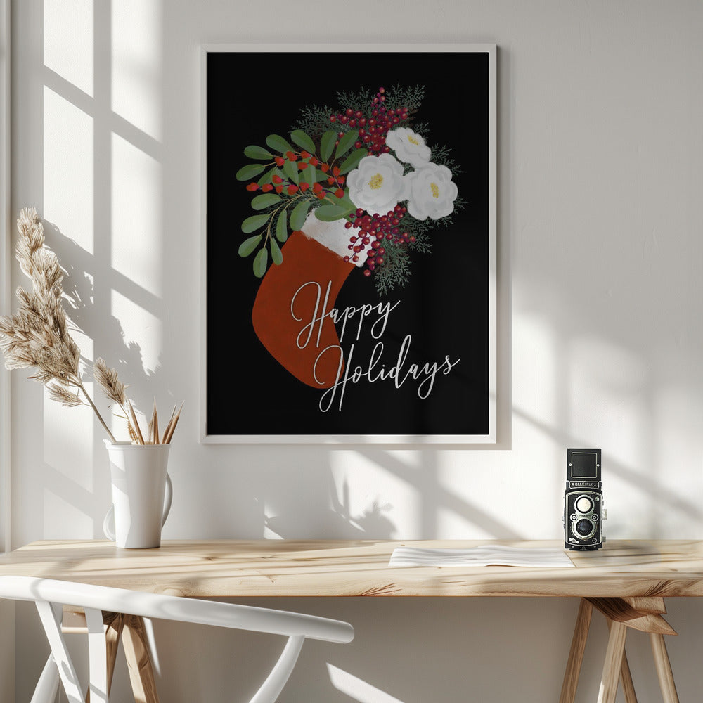 Floral Stocking Happy holidays in black Poster