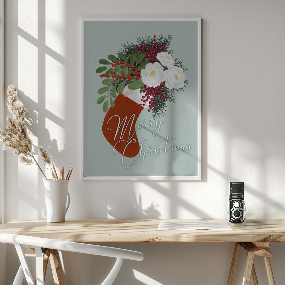 Floral Stocking Merry Christmas in mint Poster