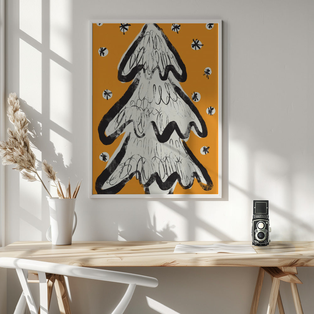 Christmas Tree And Snow Yellow Poster