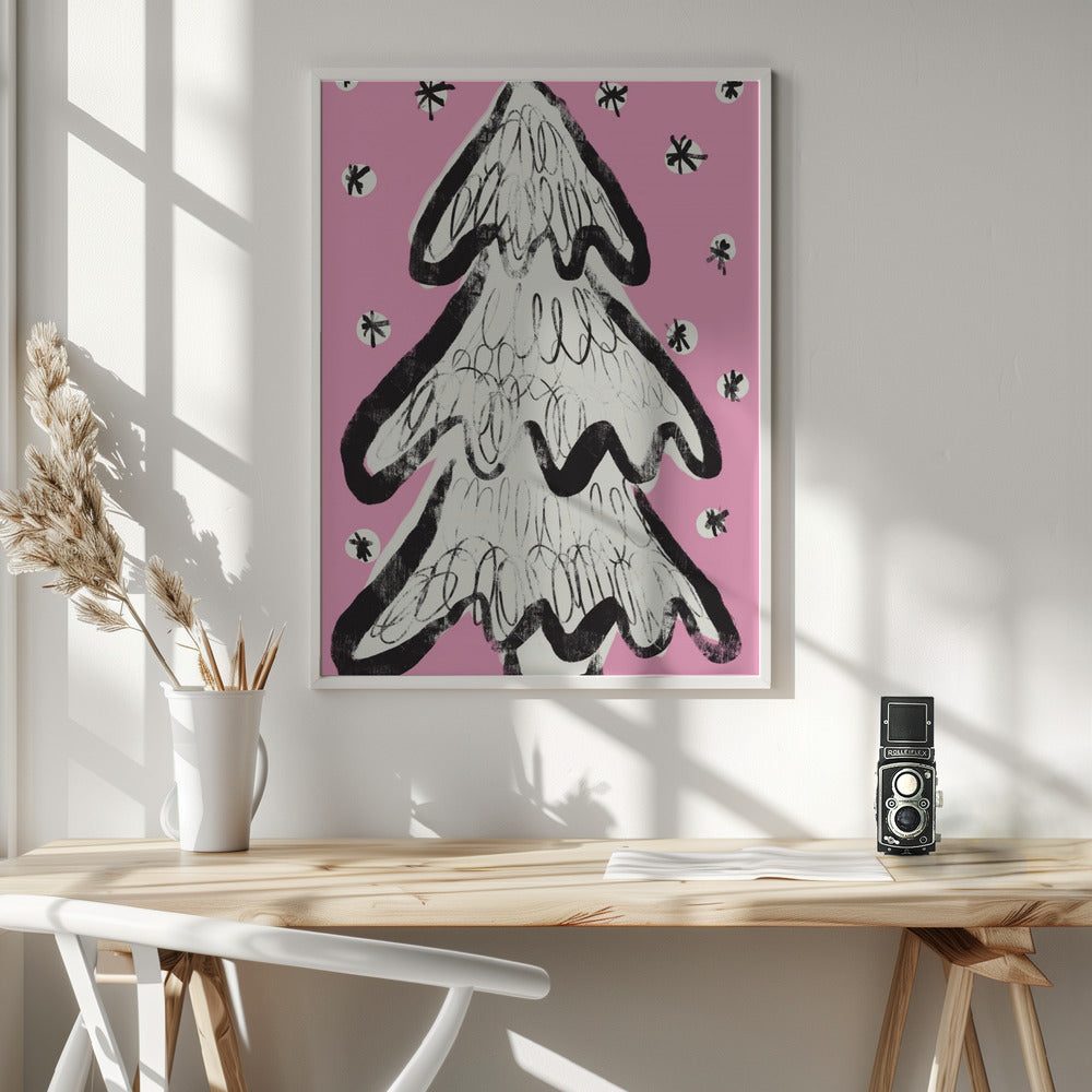 Christmas Tree And Snow Pink Poster