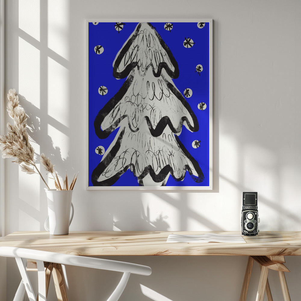 Christmas Tree And Snow Blue Poster