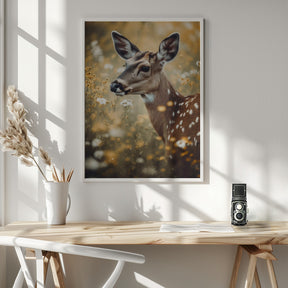 Deer In Flower Field Poster