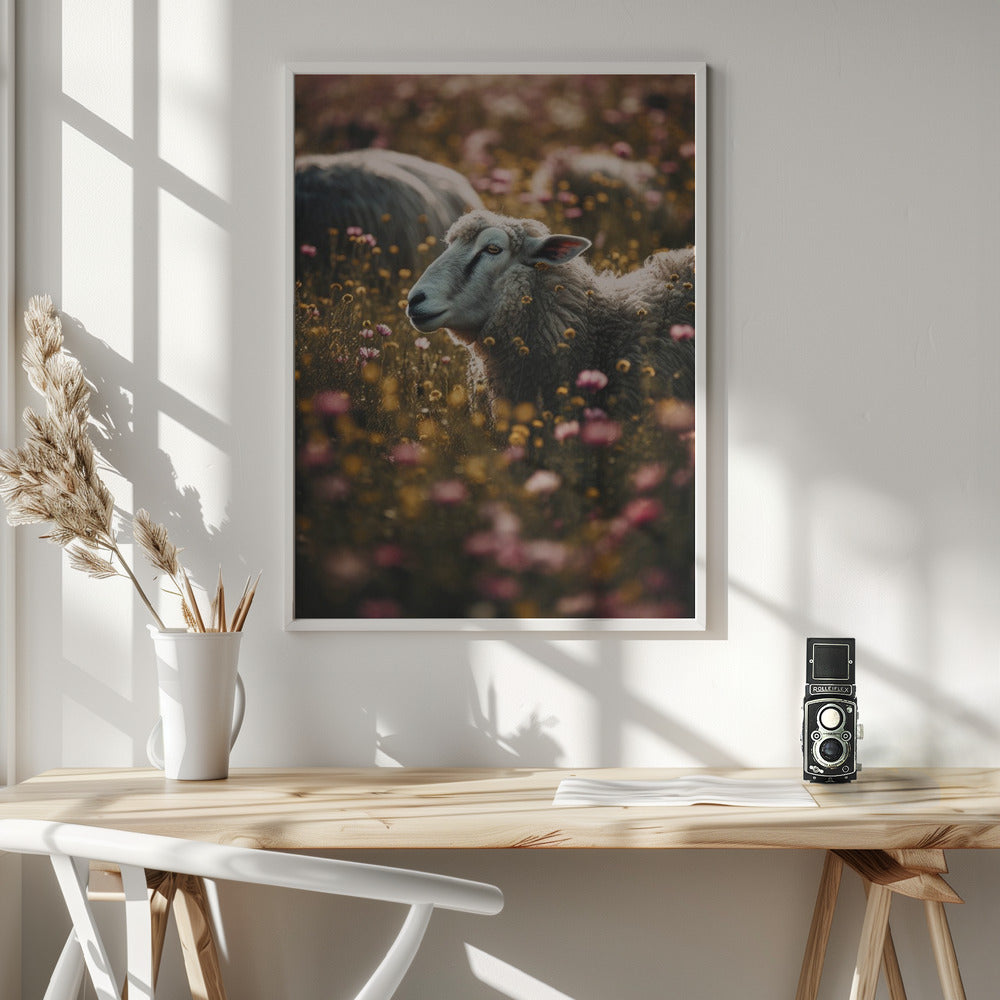 Sheeps In Flower Field Poster