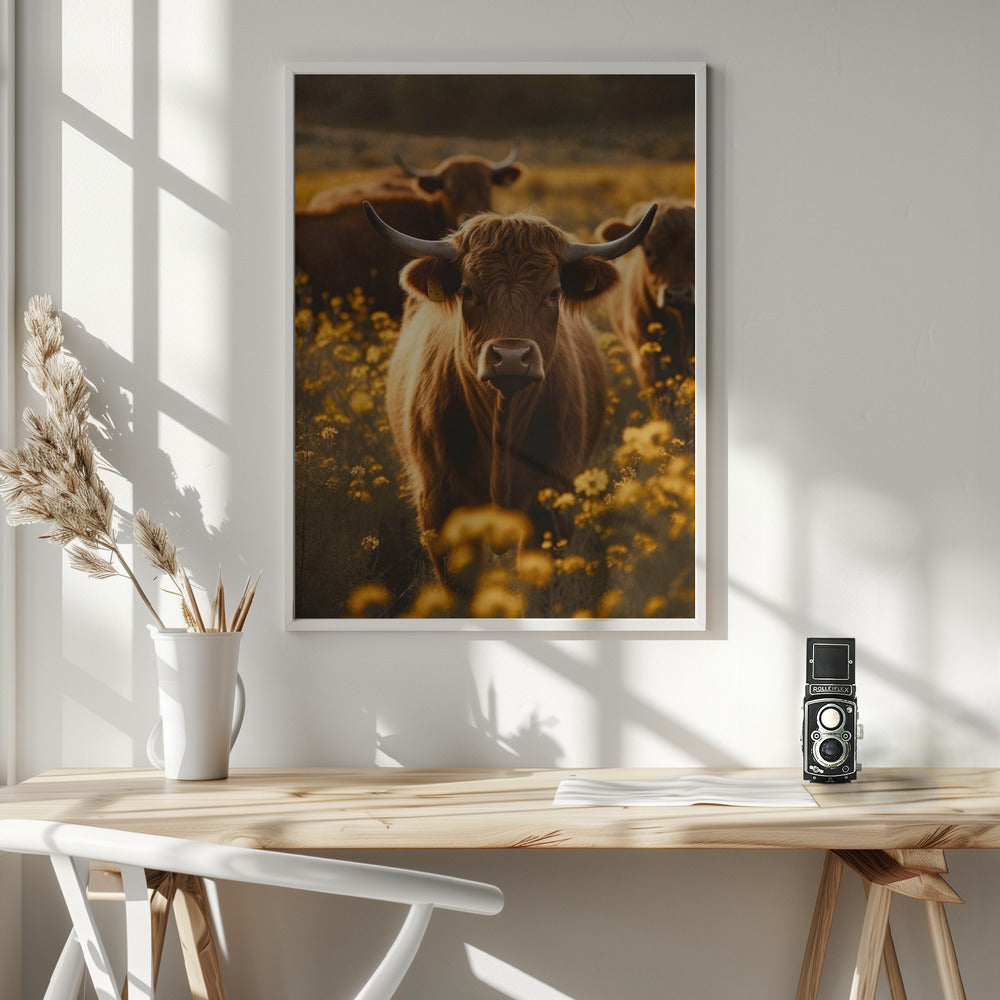 Highland Cows In Flower Field No 2 Poster