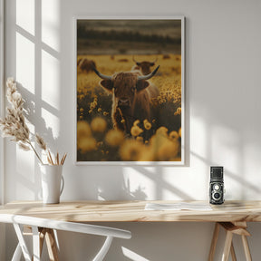 Highland Cows In Flower Field Poster