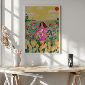 Woman in spring tulip field Poster