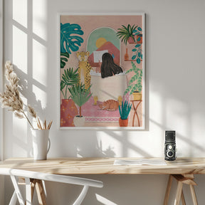 Woman taking bath in pink tropical bathroom Poster