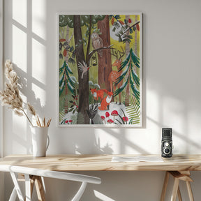 Green Christmas forest with animals Poster