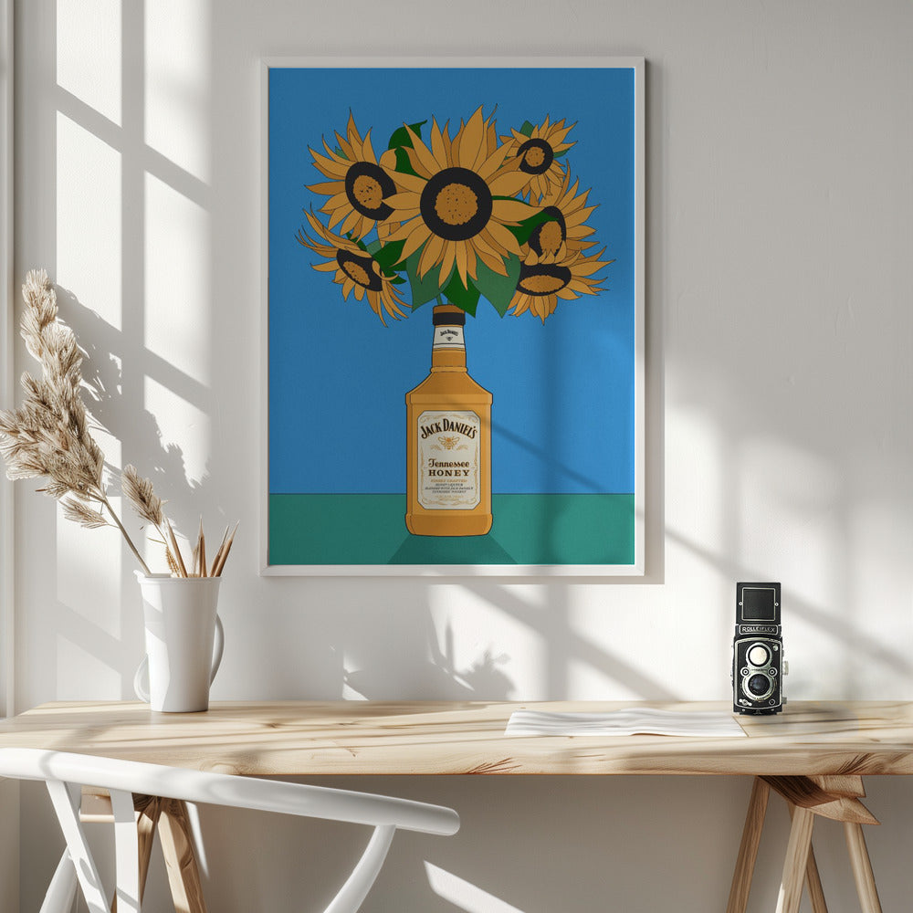 Sunflowers in Honey Whiskey Retro Illustration Poster