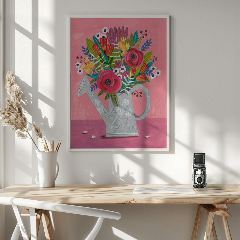 Watering Can with Flowers Poster