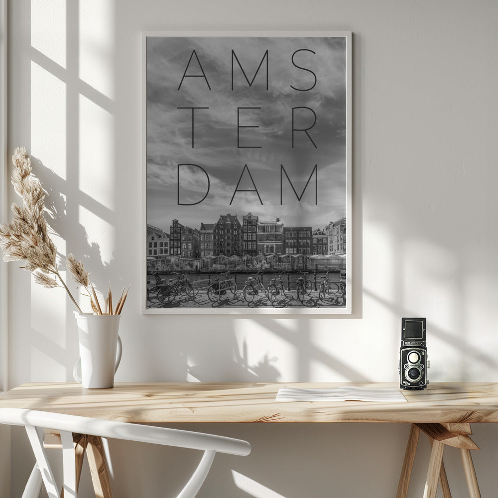 AMSTERDAM Singel Canal with Flower Market | Text &amp; Skyline Poster