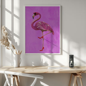 Flamingo in heels and heart glasses pink Poster