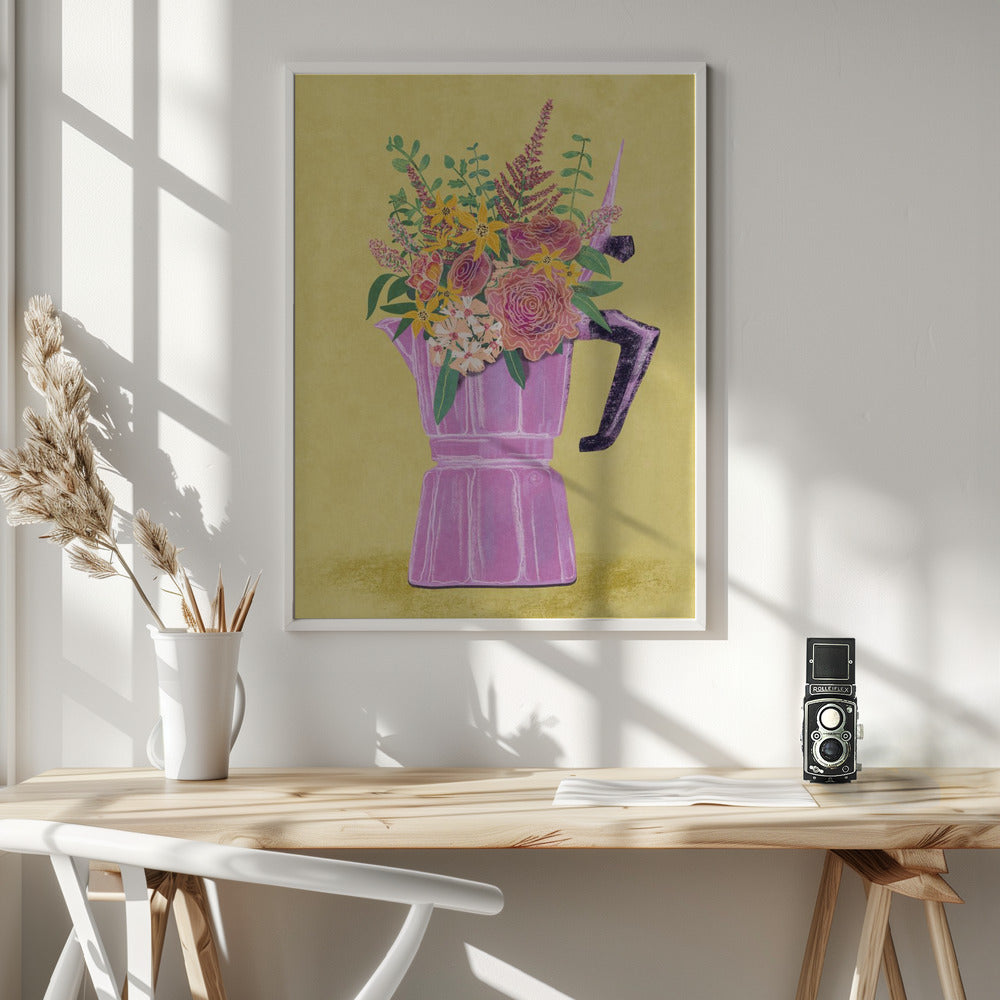 Espresso Maker with Flowers Poster