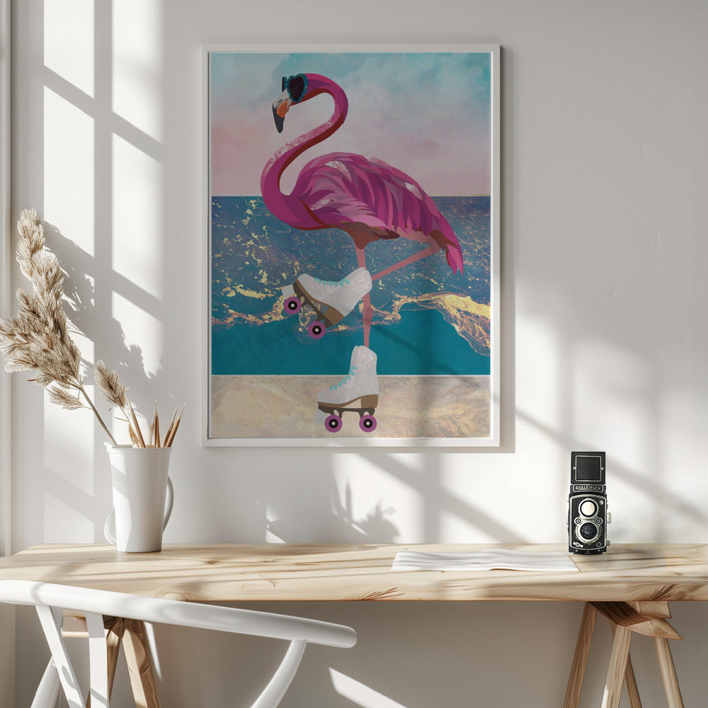 Flamingo rollerskating on the beach Poster