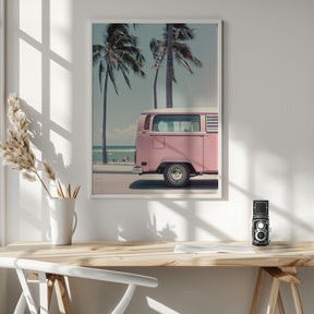 Pink Bus By the Beach Poster