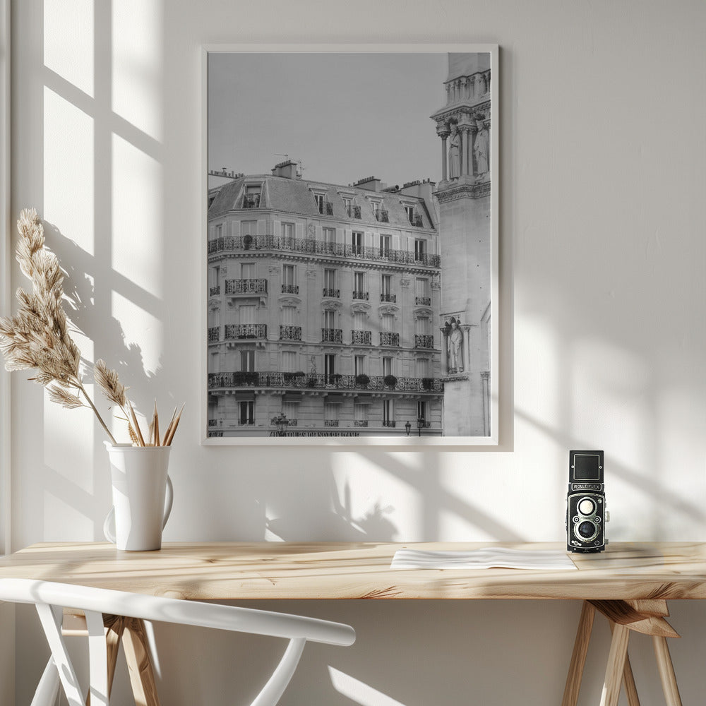 Paris Notre Dame Cafe Black and White Poster