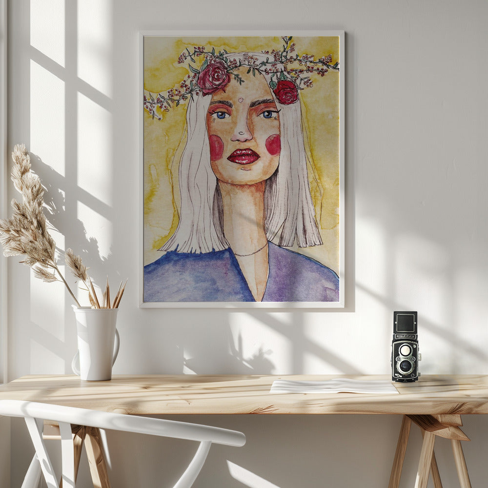 Lady with flower wreath Poster