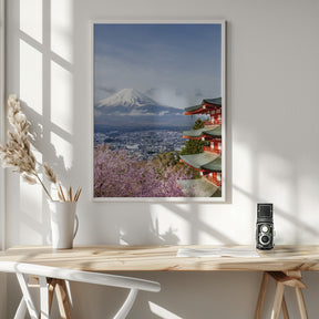 Unique view of Mount Fuji with Chureito Pagoda during cherry blossom season Poster