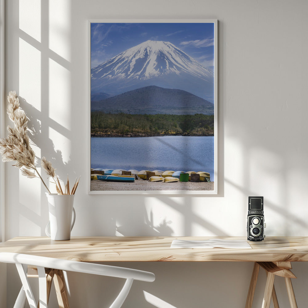 Picturesque Lake Shoji with striking Mount Fuji Poster