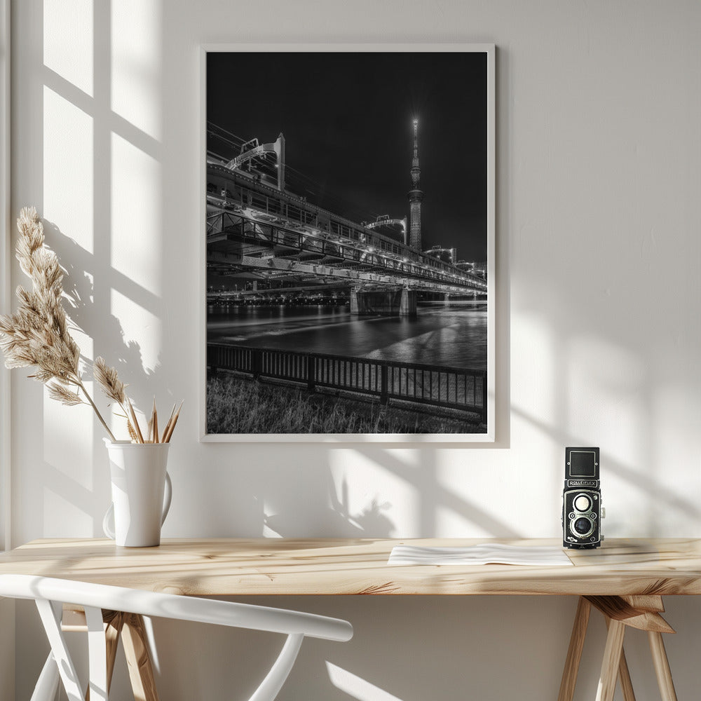 Tokyo Skytree with Sumida River Walk at night - monochrome Poster