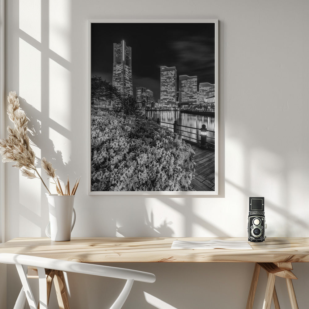 Picturesque Yokohama skyline at night - monochrome Poster