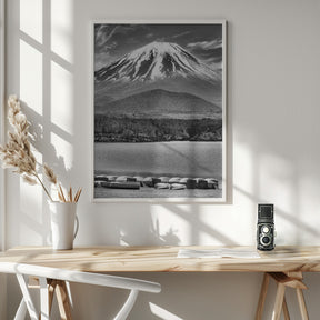 Picturesque Lake Shoji with striking Mount Fuji - monochrome Poster