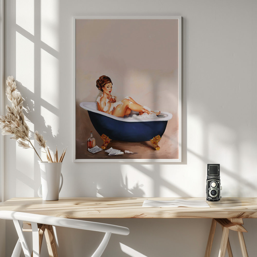 Bathtub Drinks: Pinup Girl Drinking In Bathroom Poster