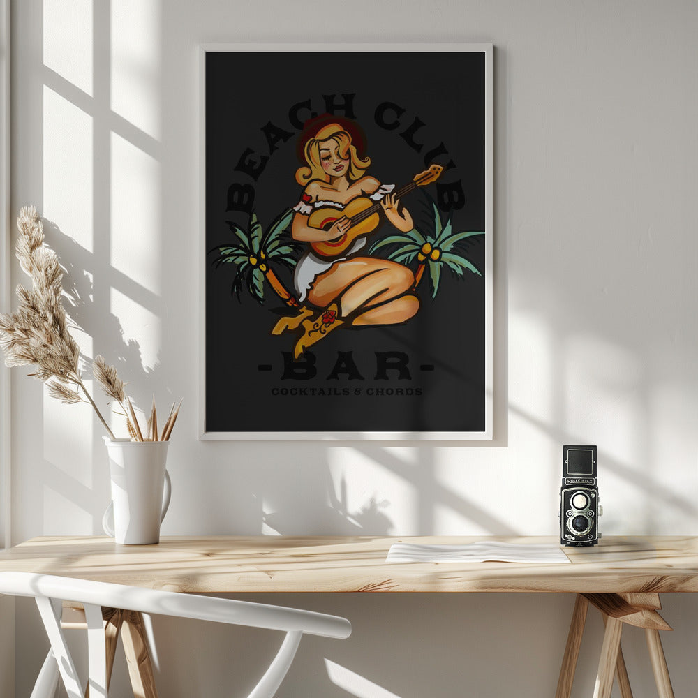 Beach Club Bar. Sailor Jerry Style Pin-up Girl Playing Guitar Poster