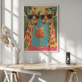 Giraffes Sharing a Drink Poster