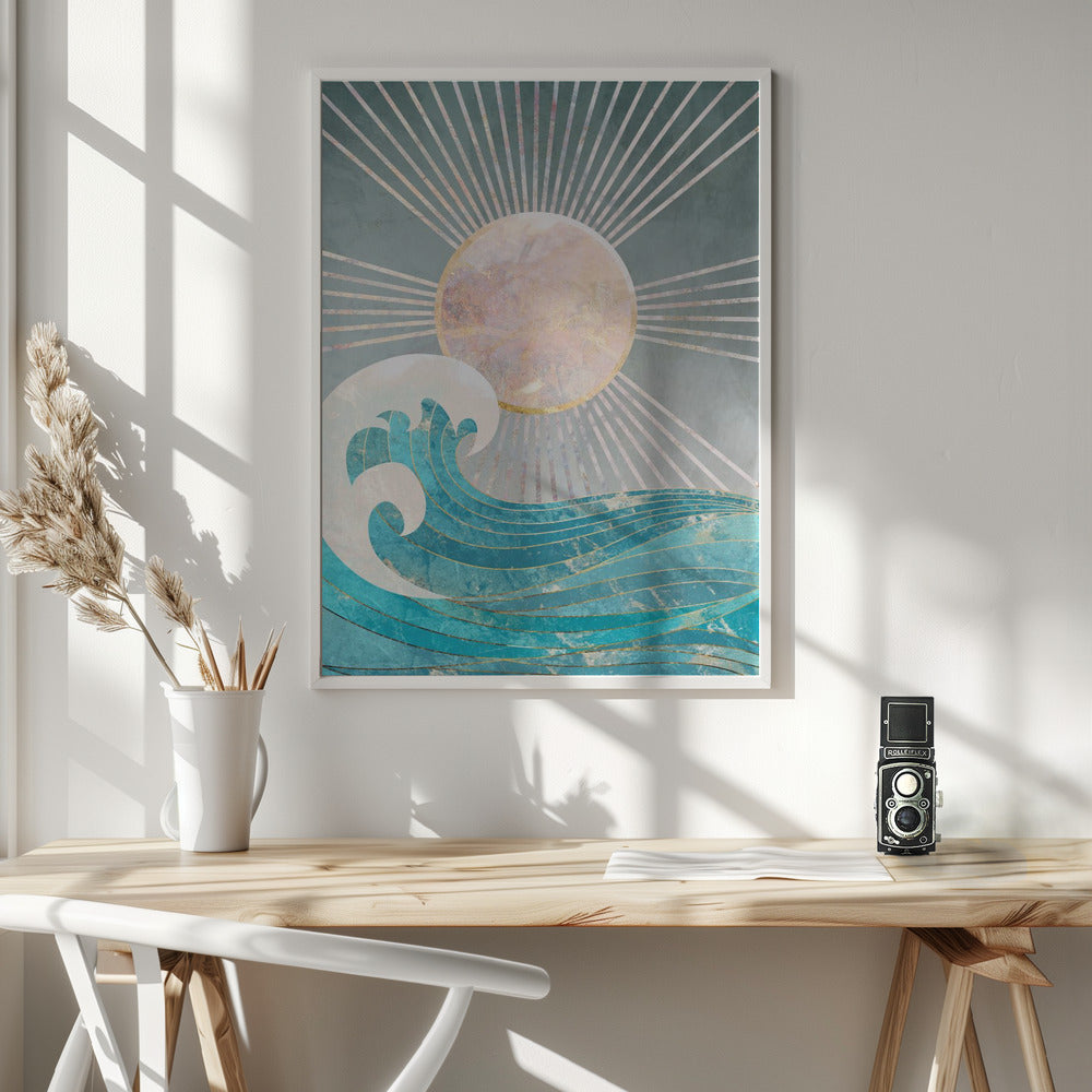 Sunset Golden Ocean Grey Poster